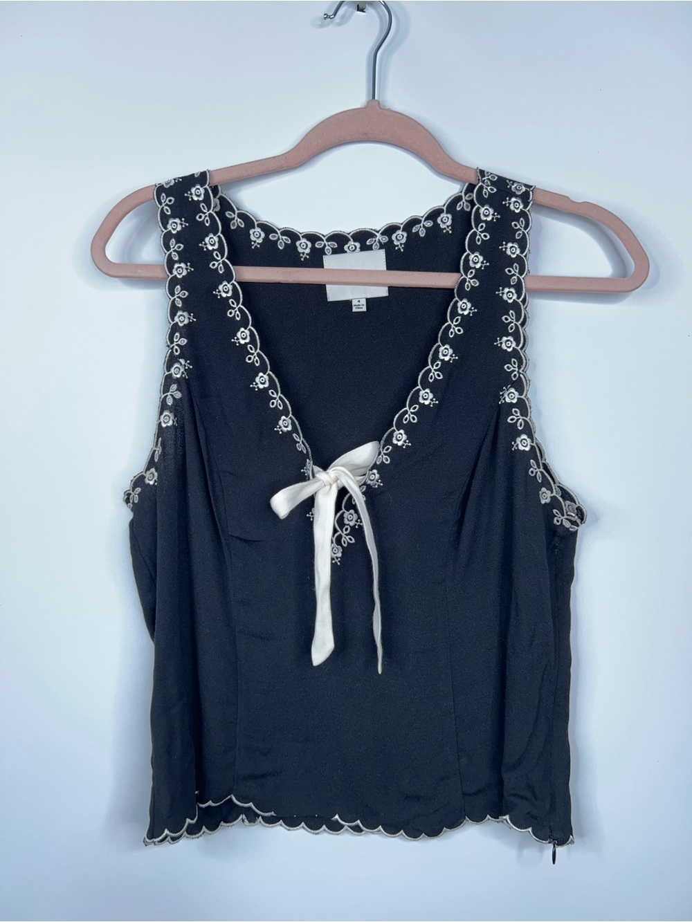Reformation Marlena Top Black Embroidered Tie-Front Tank Top Scallop Trim Size 4